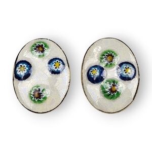 Vintage Ceramic Oval Earrings Millefiori Glass Flower Colorful Gold Gilt Clip On